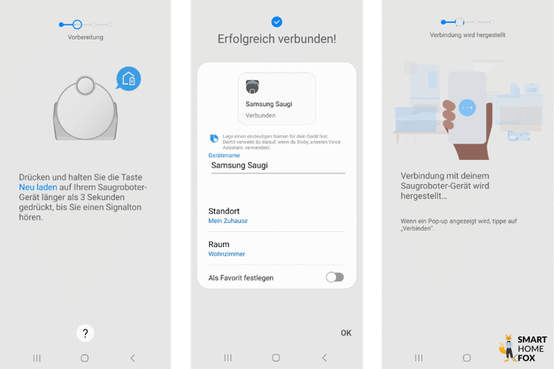 Der Einrichtungsprozess der SmartThings App für den Samsung Jet Bot AI ist zu sehen.